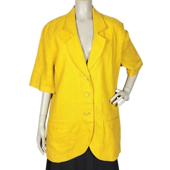 Vintage 80s Elke Collection 100% Linen Marigold Half Sleeve Blazer Size 10 - Picture 1 of 8